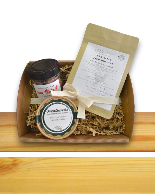 Darilni paket —  specialty kava Brazilija, liofiliziran sladoled dubajska čokolada in bučna semena z vanilijo