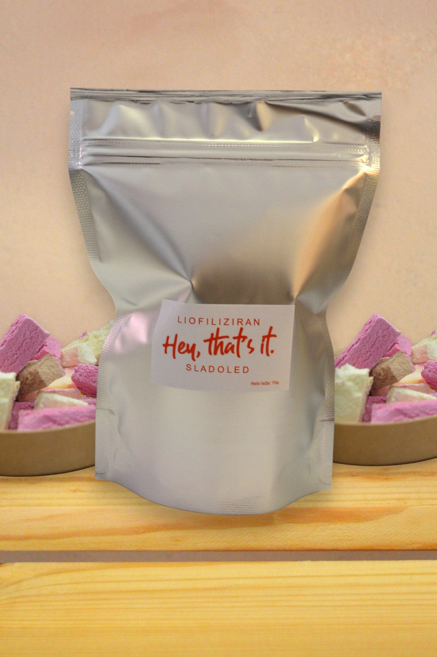 Liofiliziran sladoled v vrečki - jagoda, vanilija, čokolada