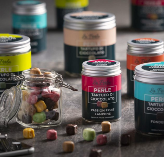 Mini čokoladni tartufi Perle | Bela čokolada, pistacija in malina 50 g