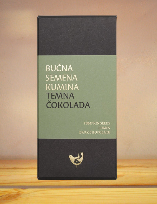 Temna 70% čokoladna tablica z bučnimi semeni in kumino Passero