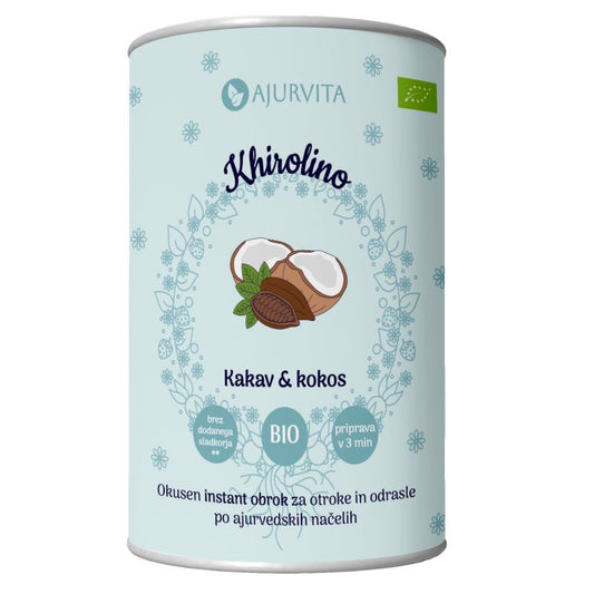 Bio khirolino kakav in kokos - instant žitni obrok z ajurvedskimi začimbami sladkan z datlji