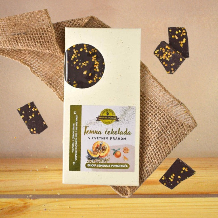 Temna čokolada s cvetnim prahom, pomarančo in bučnimi semeni - Hiša užitka